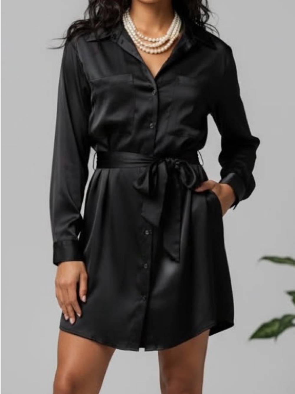 Abercrombie & Fitch Black Satin Button-Front Long Sleeve Shirt Dress w/Tie Belt